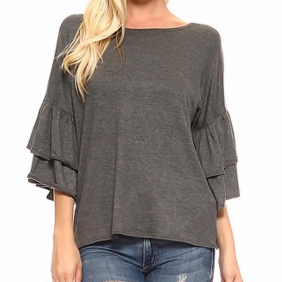 Tops - 5/$25 GRAY RUFFLED SLEEVE TEE